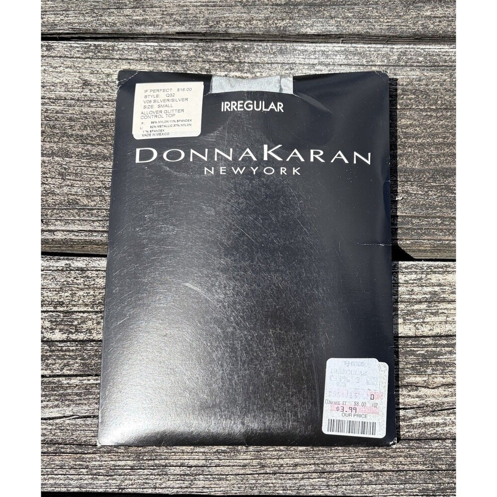 Vintage 2001 Donna Karan Q32 Allover Glitter Control Top Silver Pantyhose Sz S
